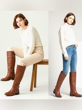 St John’s Bay Boots Knee High Deer Ridding  Cognac Brown Douglas 2” Block Heel